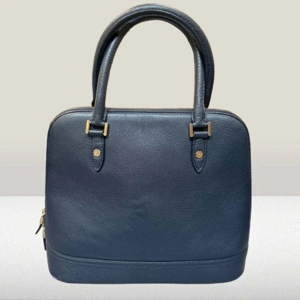 Brooks Brothers Navy Blue Pebbled Leather Dome Satchel Handbag Gold Hardware